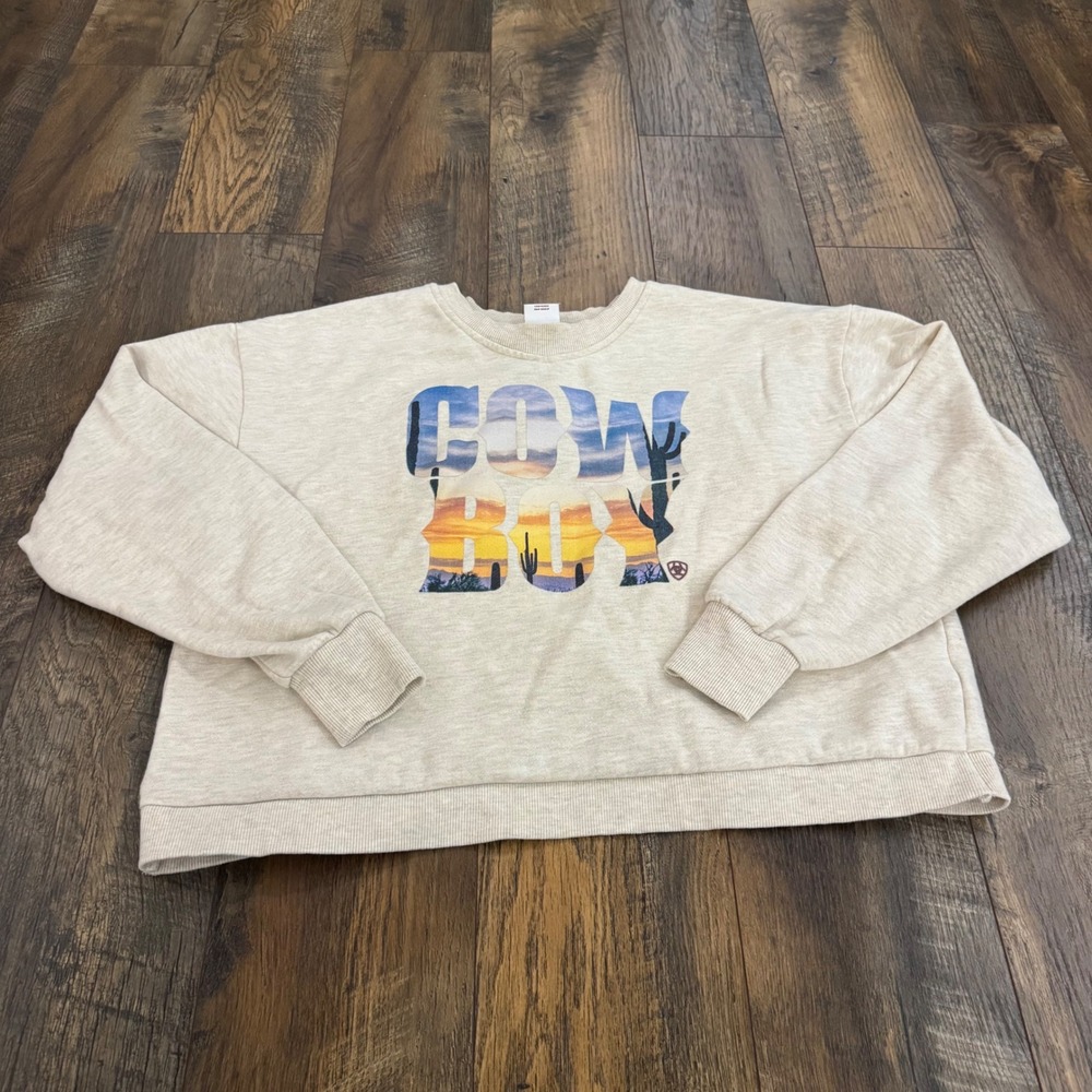 Ariat Women Oatmeal Cowboy Graphic Crossover Back Sweatshirt Large Desert Sunset